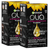 Garnier Olia Hair Color, Ammonia-Free Permanent Hair Dye, Oil-Powered Formula for 100% Gray Coverage and 3x Shinier Hair, Vegan & Cruelty Free, 2.0 Soft Black, 2 Count