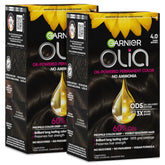 Garnier Olia Hair Color, Ammonia-Free Permanent Hair Dye, Oil-Powered Formula for 100% Gray Coverage and 3x Shinier Hair, Vegan & Cruelty Free, 4.0 Dark Brown, 2 Count