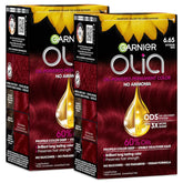 Garnier Olia Hair Color, Ammonia-Free Permanent Hair Dye, Oil-Powered Formula for 100% Gray Coverage and 3x Shinier Hair, Vegan & Cruelty Free, 6.65 Intense Red, 2 Count