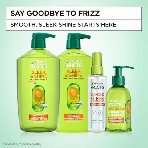 Garnier Fructis Sleek & Shine Shampoo, Smoothing Shampoo for Frizzy, Dry Hair with Argan Oil and Vegan Keratin, 33.8 Fl Oz (Packaging May Vary) (Pack of 2)