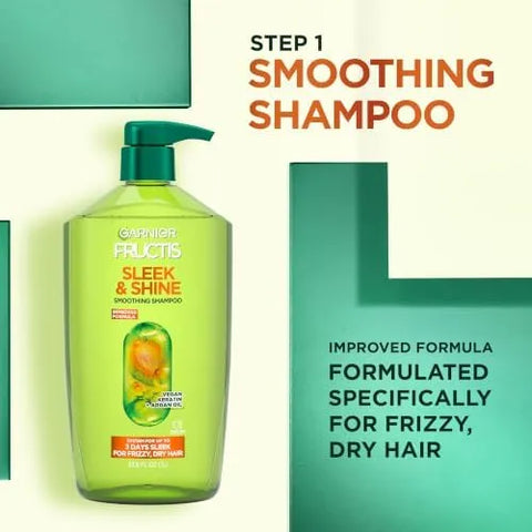 Garnier Fructis Sleek & Shine Shampoo, Smoothing Shampoo for Frizzy, Dry Hair with Argan Oil and Vegan Keratin, 33.8 Fl Oz (Packaging May Vary) (Pack of 2)