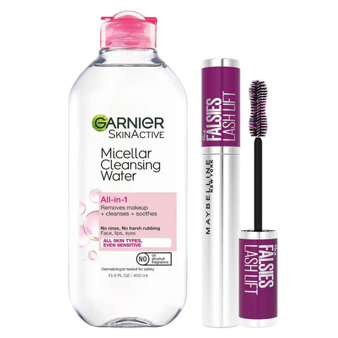 Maybelline The Falsies Lash Lift Washable Mascara + Garnier SkinActive Micellar Water Bundle, Includes 1 Mascara in Very Black and 1 Makeup Remover