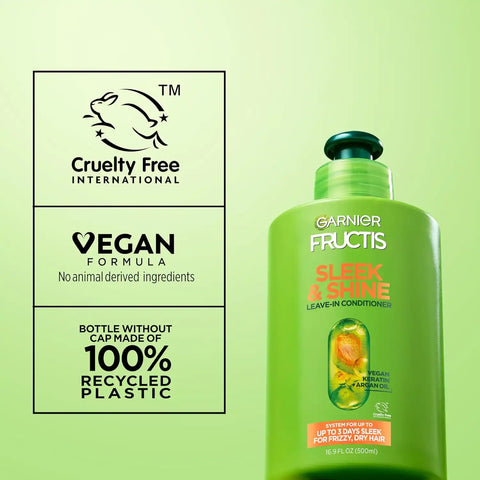Garnier Fructis Sleek & Shine Leave-In Conditioner Cream, Anti-Frizz Hair Treatment with Plant Keratin + Argan Oil, Controls Frizz and Provides Smoothness For Frizzy, Dry Hair, 10.2 Fl Oz