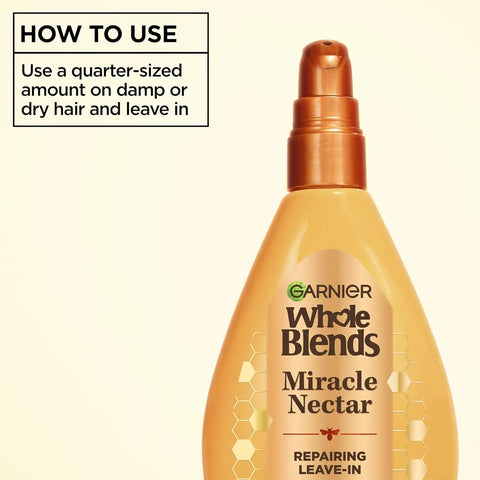 Garnier Whole Blends Honey Treasures Repairing Shampoo, Conditioner + Miracle Nectar Leave-In Set for Dry, Damaged Hair (3 Items), 1 Kit (Packaging May Vary)