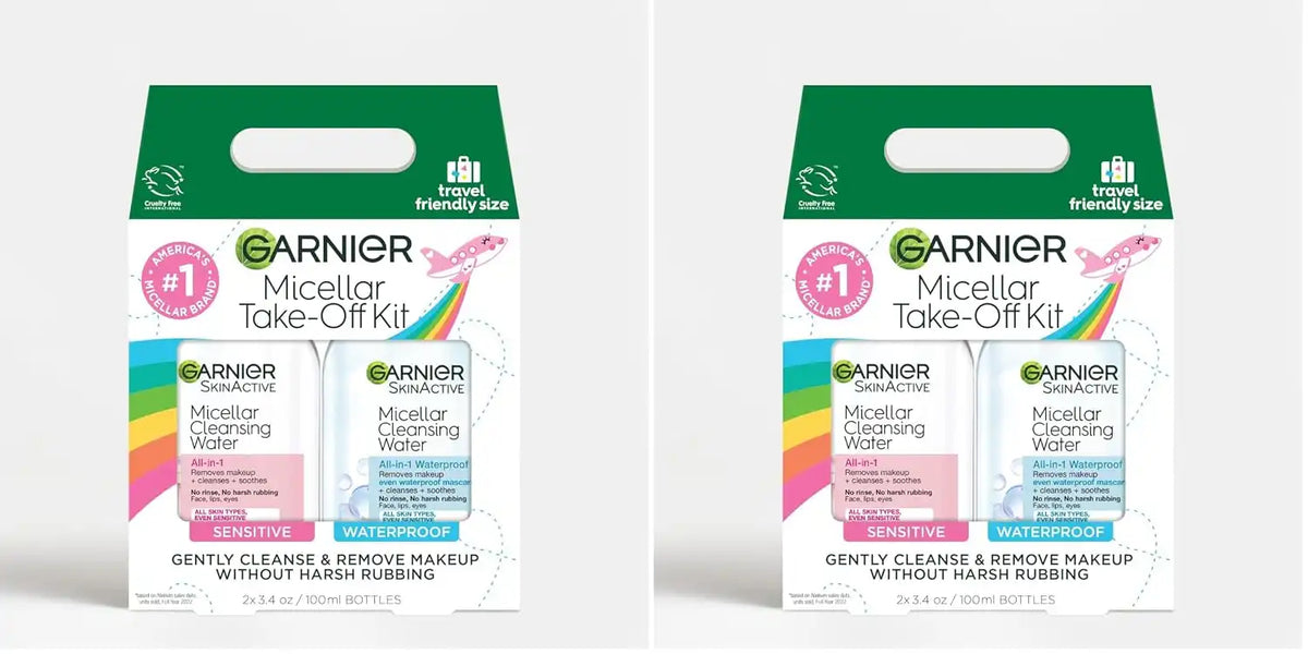 Garnier Micellar Water Travel Size Take-off Kit, All-In-1 Facial Cleanser & Makeup Remover, Mini All-In-1 Micellar + Mini Remover for Waterproof Makeup (Pack of 2)