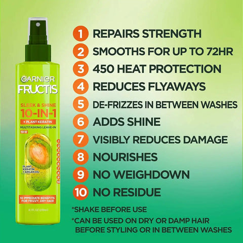 Garnier Fructis Sleek & Shine 10-in-1 Leave In Conditioner Spray for Dry, Frizzy Hair, Heat Protectant Up to 450F with Argan Oil & Plant Keratin, Provides Flyaway and Frizz Control, 8.1 Fl Oz (2 Pack)