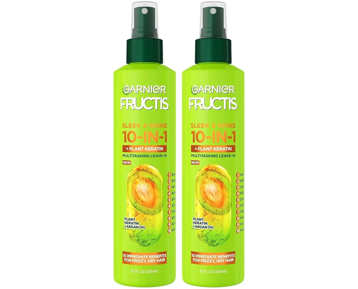 Garnier Fructis Sleek & Shine 10-in-1 Leave In Conditioner Spray for Dry, Frizzy Hair, Heat Protectant Up to 450F with Argan Oil & Plant Keratin, Provides Flyaway and Frizz Control, 8.1 Fl Oz (2 Pack)