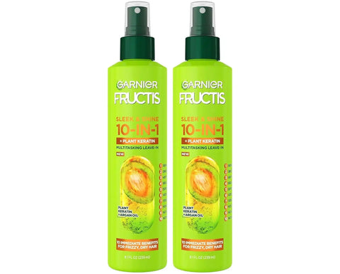 Garnier Fructis Sleek & Shine 10-in-1 Leave In Conditioner Spray for Dry, Frizzy Hair, Heat Protectant Up to 450F with Argan Oil & Plant Keratin, Provides Flyaway and Frizz Control, 8.1 Fl Oz (2 Pack)