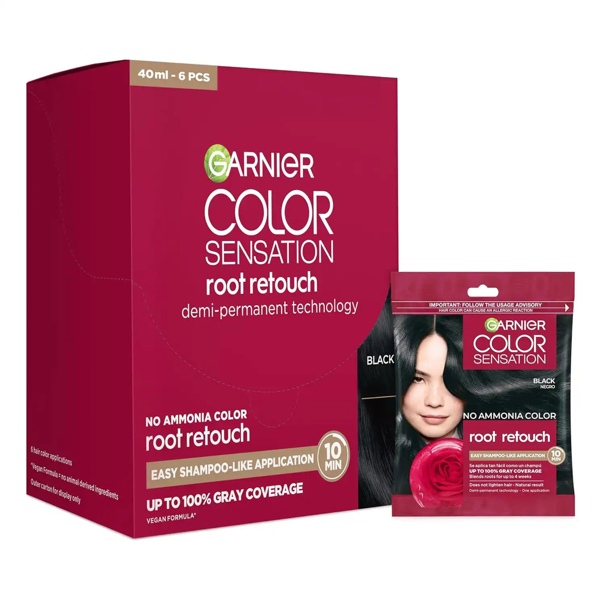 Garnier Color Sensation Root Retouch, Demi Permanent Hair Dye for Roots with 100% Gray Coverage and No Ammonia, Black Hair Dye 1.0, Pack of 6 (Packaging May Vary)