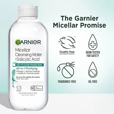 Garnier Micellar Water with Salicylic Acid, All-in-1 Mattifying Facial Cleanser and Makeup Remover for Oily and Acne Prone Skin, 13.5 Fl Oz, Pack of 2