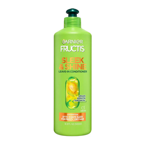 Garnier Fructis Sleek & Shine XL Leave-In Conditioner Cream, Anti-Frizz Hair Treatment with Plant Keratin + Argan Oil, Controls Frizz and Provides Smoothness For Frizzy, Dry Hair, Value, 16.9 Fl Oz