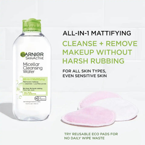 Garnier Micellar Water for Oily Skin, Facial Cleanser & Makeup Remover, Mattifying, For All Skin Types, Vegan, Cruelty Free, 13.5 Fl Oz (400mL), 1 Count