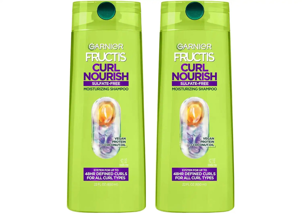 Garnier Fructis Curl Nourish Moisturizing Shampoo for Curly Hair, Plant Protein and Coconut Oil Formula, Up to 48HR of Curl Definition, Sulfate Free & Vegan, 22 Fl Oz, 2 Count (Packaging May Vary)