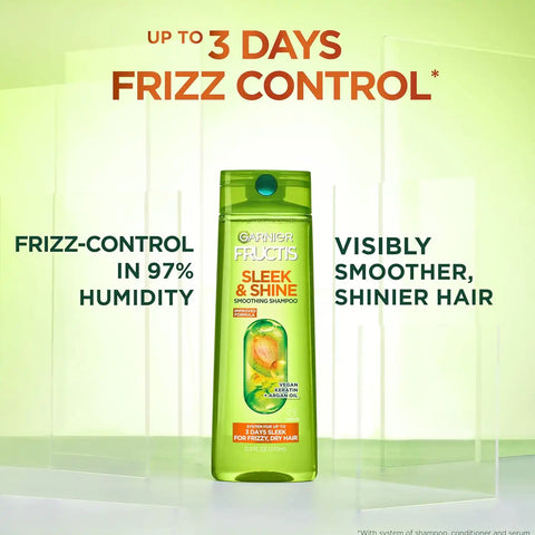 Garnier Fructis Sleek & Shine Shampoo and Conditioner Set with Anti-Frizz Serum for Frizzy Hair, Up to 72H of Frizz Control, Smooths Flyaways & Boosts Shine, 3 Items 29.6 Fl Oz (Packaging May Vary)