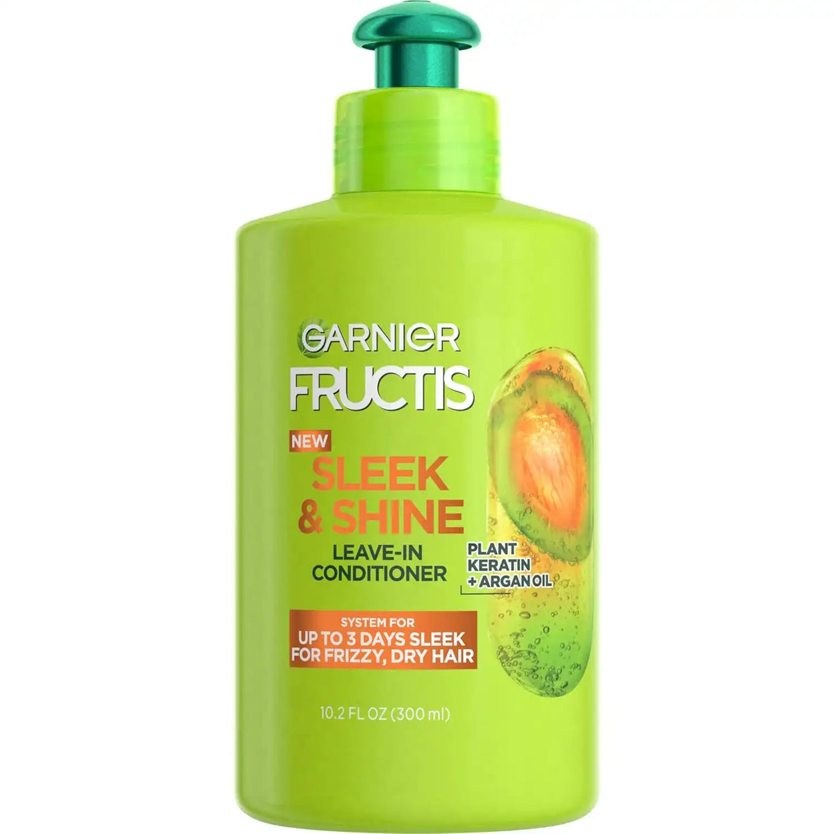 Garnier Fructis Sleek & Shine Leave-In Conditioner Cream, Anti-Frizz Hair Treatment with Plant Keratin + Argan Oil, Controls Frizz and Provides Smoothness For Frizzy, Dry Hair, 10.2 Fl Oz
