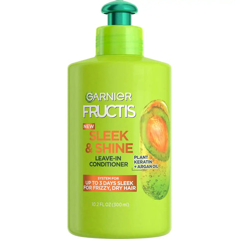 Garnier Fructis Sleek & Shine Leave-In Conditioner Cream, Anti-Frizz Hair Treatment with Plant Keratin + Argan Oil, Controls Frizz and Provides Smoothness For Frizzy, Dry Hair, 10.2 Fl Oz