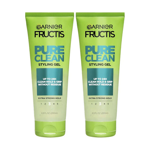 Garnier Fructis Pure Clean Styling Hair Gel, Extra Strong Hold for Up to 24HRs, Non-Flaking, Non-Sticky Formula with Aloe Extract, Made for All Hair Types, 6.8 fl oz, 2 Count (Packaging May Vary)