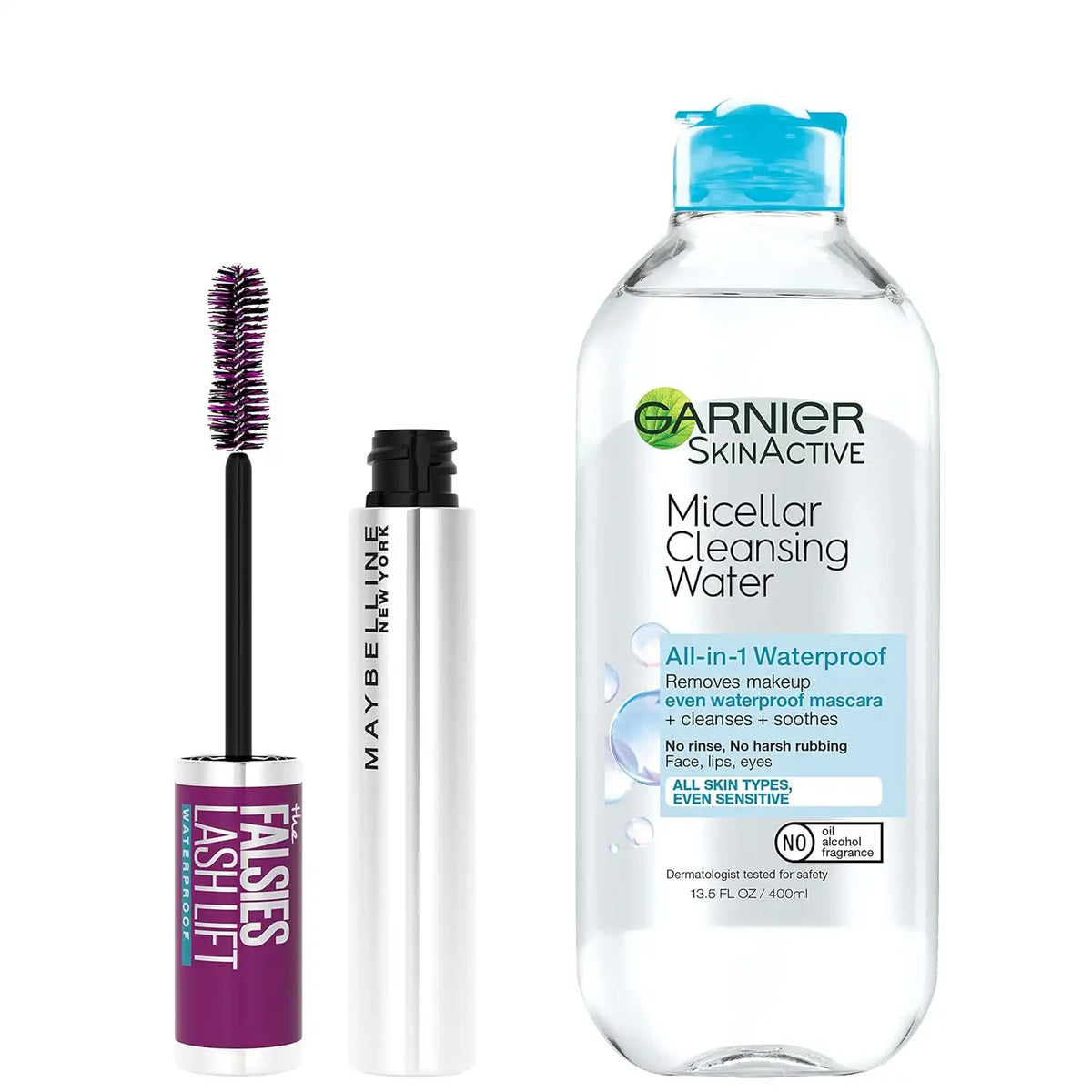 Maybelline The Falsies Lash Lift Waterproof Mascara + Garnier SkinActive Micellar Water Bundle, Includes 1 Mascara in Brownish Black and 1 Makeup Remover