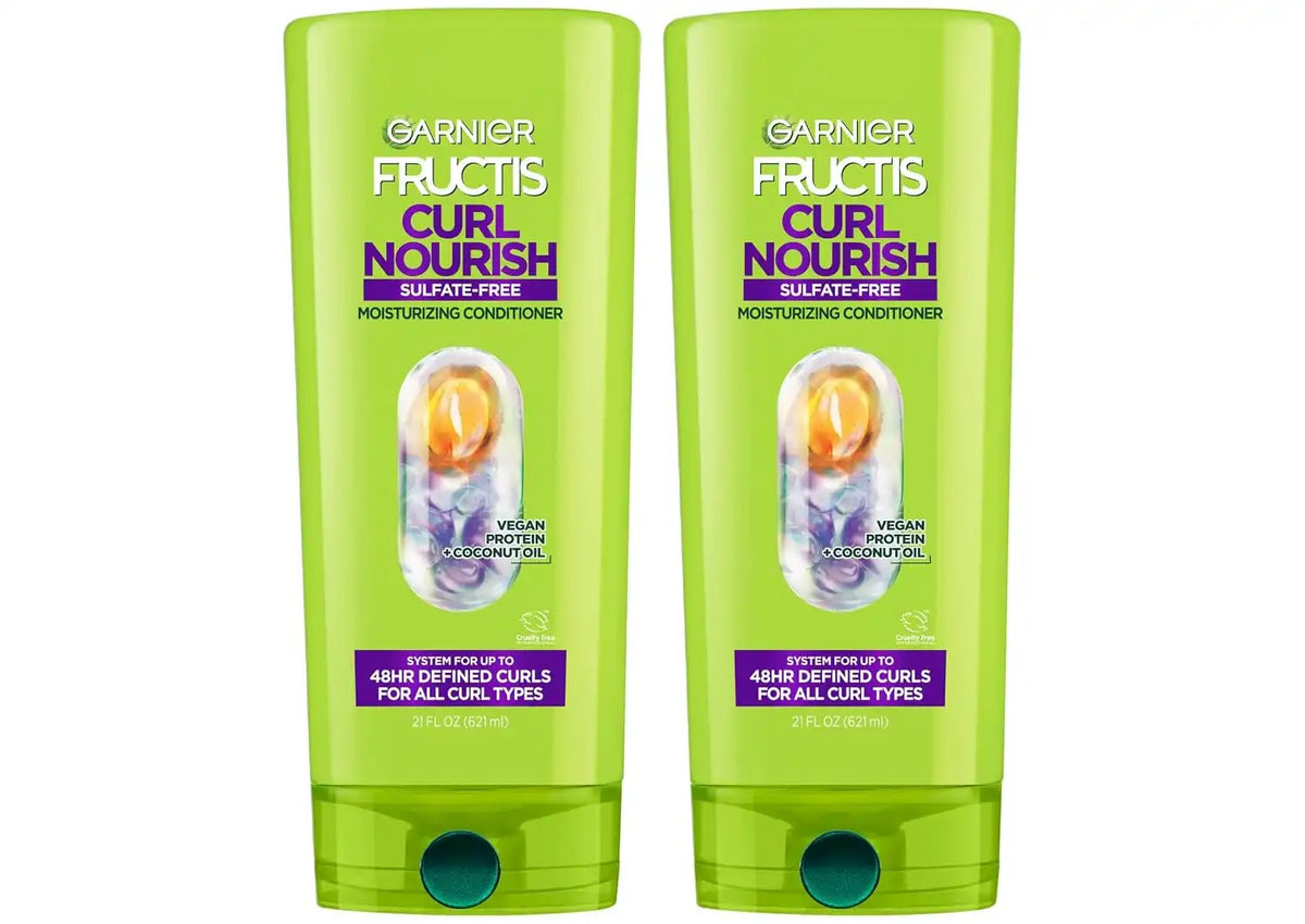 Garnier Fructis Curl Nourish Moisturizing Conditioner for Curly Hair, Plant Protein and Coconut Oil Formula, Up to 48HR of Curl Definition, Sulfate Free & Vegan, 21 Fl Oz, 2 Count (Packaging May Vary)
