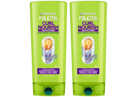 Garnier Fructis Curl Nourish Moisturizing Conditioner for Curly Hair, Plant Protein and Coconut Oil Formula, Up to 48HR of Curl Definition, Sulfate Free & Vegan, 21 Fl Oz, 2 Count (Packaging May Vary)