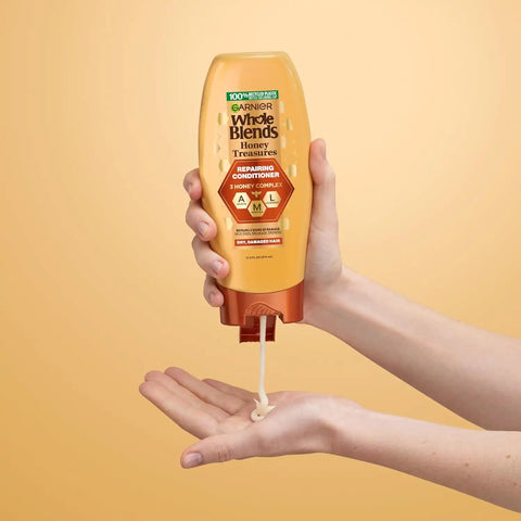 Garnier Whole Blends Honey Treasures Repairing Shampoo & Conditioner 22 Fl Oz each + Hair Serum (5.1 Fl Oz) for Dry, Damaged Hair (Bundle of 4 Items)