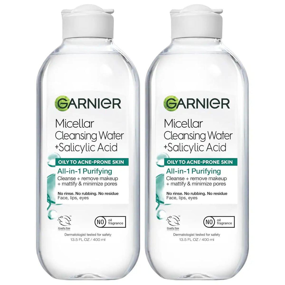 Garnier Micellar Water with Salicylic Acid, All-in-1 Mattifying Facial Cleanser and Makeup Remover for Oily and Acne Prone Skin, 13.5 Fl Oz, Pack of 2