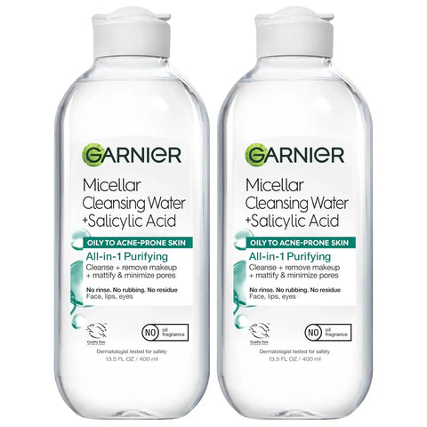 Garnier Micellar Water with Salicylic Acid, All-in-1 Mattifying Facial Cleanser and Makeup Remover for Oily and Acne Prone Skin, 13.5 Fl Oz, Pack of 2