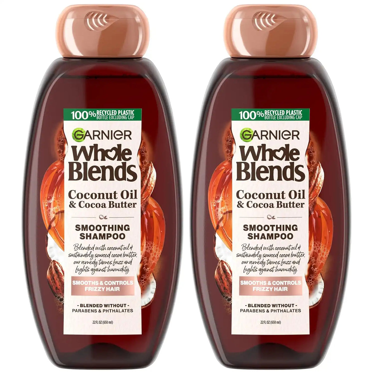 Garnier Whole Blends Smoothing Shampoo with Coconut Oil & Cocoa Butter for Frizzy Hair, Provides Up to 24 Hours of Anti-Frizz, Humidity Control and Smoothness, Vegan Formula, 22 fl oz, 2 Count