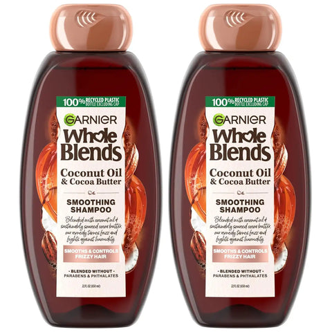 Garnier Whole Blends Smoothing Shampoo with Coconut Oil & Cocoa Butter for Frizzy Hair, Provides Up to 24 Hours of Anti-Frizz, Humidity Control and Smoothness, Vegan Formula, 22 fl oz, 2 Count