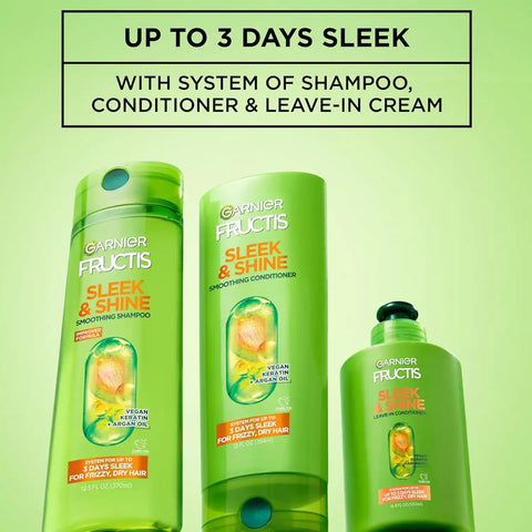 Garnier Fructis Sleek & Shine Leave-In Conditioner Cream, Anti-Frizz Hair Treatment with Plant Keratin + Argan Oil, Controls Frizz and Provides Smoothness For Frizzy, Dry Hair, 10.2 Fl Oz