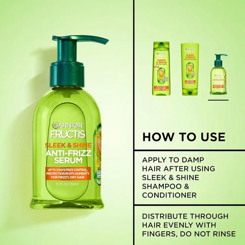 Garnier Fructis Sleek & Shine Anti-Frizz Hair Serum for Frizzy, Dry Hair, Leave-In Argan Oil Infused Formula with Up to 72HRs of Frizz Control, Smooths Flyaways & Boosts Hair Shine, 5.1 Fl Oz