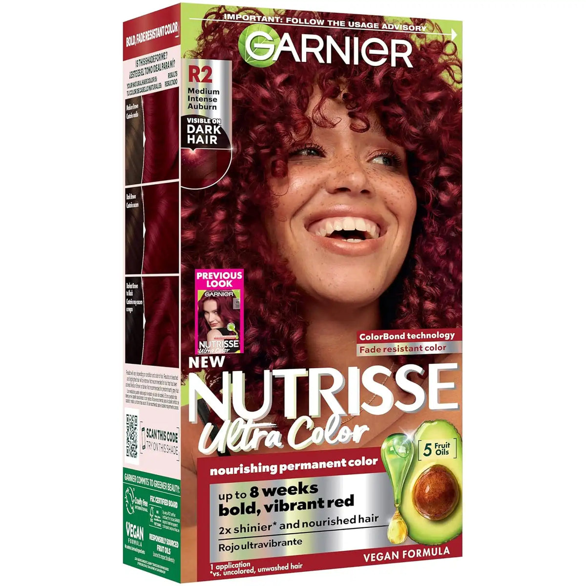 Garnier Nutrisse Ultra Color Hair Color, Permanent Hair Dye for Up to 8 Weeks of Bold, Vibrant, Fade-Resistant Results, Vegan & Cruelty-Free, R2 Medium Intense Auburn (Goji Berry), 1 Count