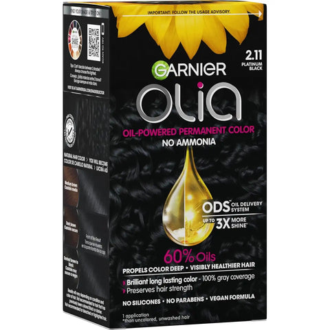 Garnier Olia Hair Color, Ammonia-Free Permanent Hair Dye, Oil-Powered Formula for 100% Gray Coverage and 3x Shinier Hair, Vegan & Cruelty Free, 2.11 Platinum Black, 1 Count