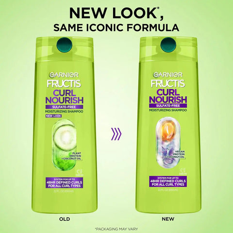 Garnier Fructis Curl Nourish Moisturizing Shampoo for Curly Hair, Plant Protein and Coconut Oil Formula, Up to 48HR of Curl Definition, Sulfate Free & Vegan, 22 Fl Oz, 2 Count (Packaging May Vary)