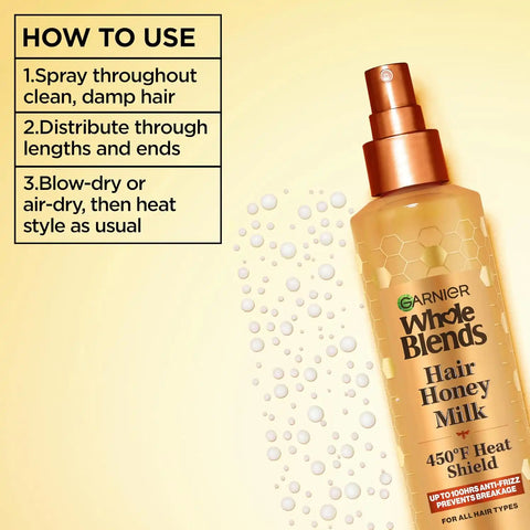 Garnier Whole Blends Hair Honey Milk 450F Heat Protectant Spray, For All Hair Types With Up To 100 Hrs of Frizz Control, 8.5 Fl Oz, 2 Count