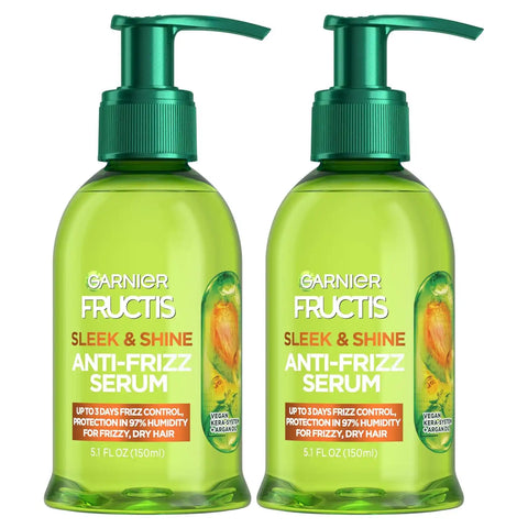 Garnier Fructis Sleek & Shine Anti-Frizz Hair Serum for Frizzy, Dry Hair, Leave-In Argan Oil Infused Formula with Up to 72HRs of Frizz Control, Smooths Flyaways & Boosts Hair Shine, 5.1 Fl Oz (2 Pack)