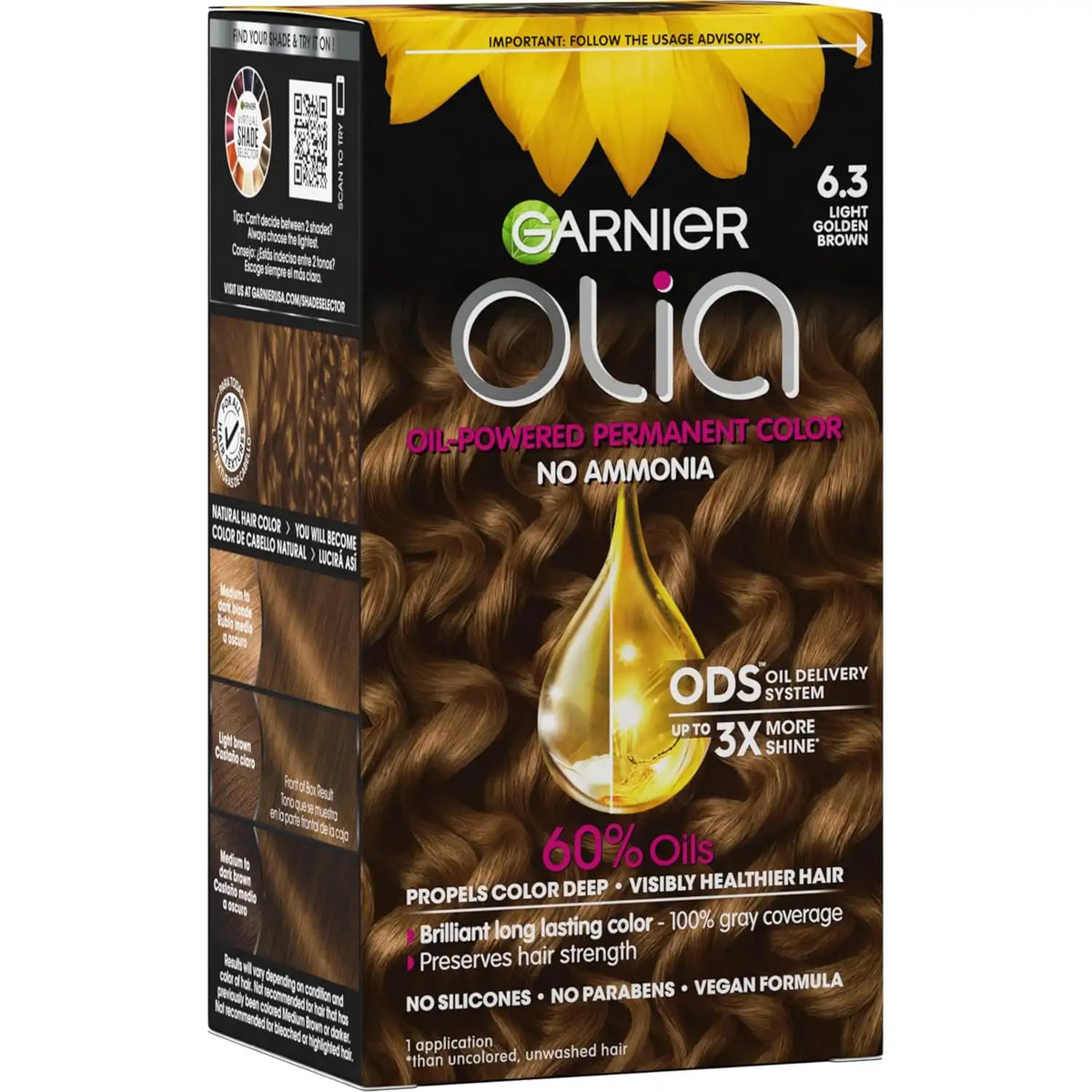 Garnier Olia Hair Color, Ammonia-Free Permanent Hair Dye, Oil-Powered Formula for 100% Gray Coverage and 3x Shinier Hair, Vegan & Cruelty Free, 6.3 Light Golden Brown, 1 Count