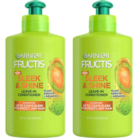 Garnier Fructis Sleek & Shine Leave-In Conditioner Cream, Anti-Frizz Hair Treatment with Plant Keratin + Argan Oil, Controls Frizz and Provides Smoothness For Frizzy, Dry Hair, 10.2 Fl Oz (Pack of 2)