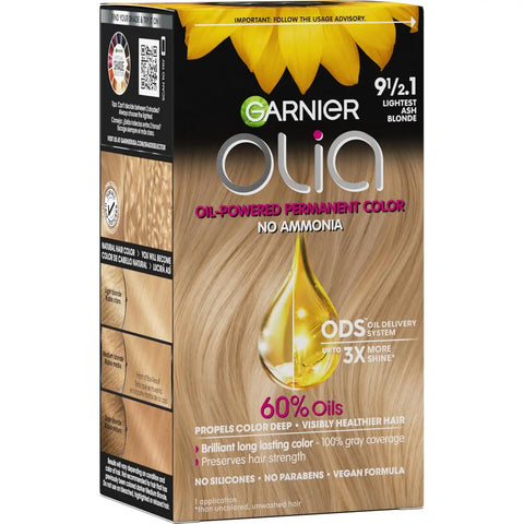 Garnier Olia Hair Color, Ammonia-Free Permanent Hair Dye, Oil-Powered Formula for 100% Gray Coverage and 3x Shinier Hair, Vegan & Cruelty Free, 9 1/2.1 Lightest Ash Blonde, 1 Count
