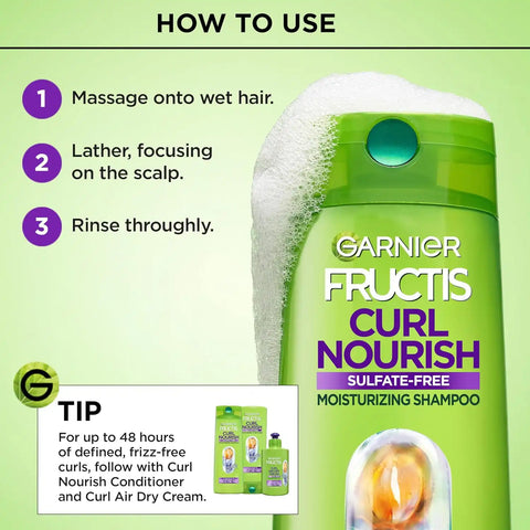 Garnier Fructis Curl Nourish Moisturizing Shampoo for Curly Hair, Plant Protein and Coconut Oil Formula, Up to 48HR of Curl Definition, Sulfate Free & Vegan, 22 Fl Oz, 2 Count (Packaging May Vary)