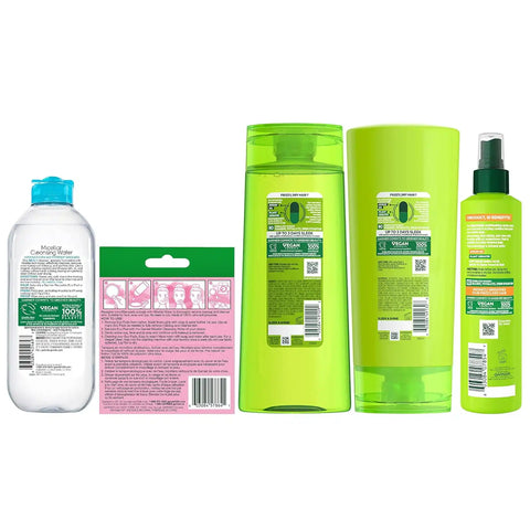 Garnier Back to School Bundle | Waterproof Micellar Water (400ml), EcoPads, Fructis Sleek & Shine Shampoo (22 fl oz), Conditioner (21 fl oz) + 10-in-1 Treatment (8.1 oz), 5 Items (Packaging May Vary)