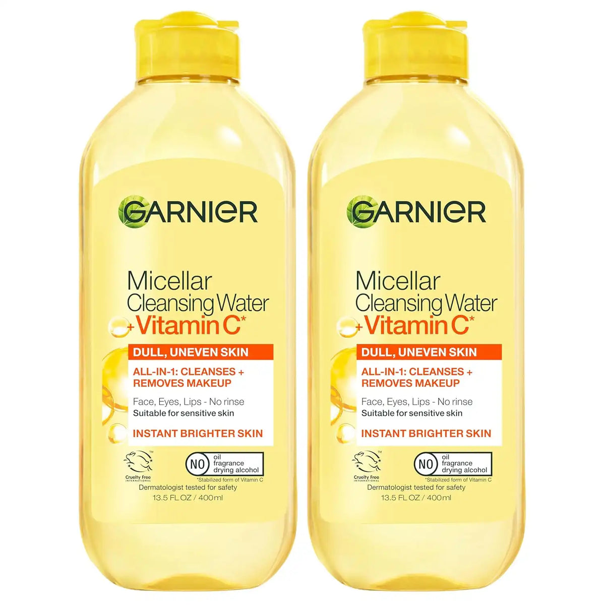 Garnier Micellar Water with Vitamin C, Facial Cleanser & Makeup Remover, Brightening & Hydrating, For All Skin Types, Vegan, Cruelty Free, 13.5 Fl Oz (400mL), 2 Count