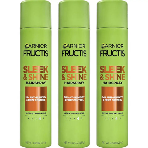 Garnier Fructis Sleek & Shine Hairspray, Provides 24-Hour Anti-Humidity and Frizz Control, Extra Strong Hold, Infused with Bamboo Extract for Ultra-Smooth Hair, 8.25 oz, 3 Count (Packaging May Vary)