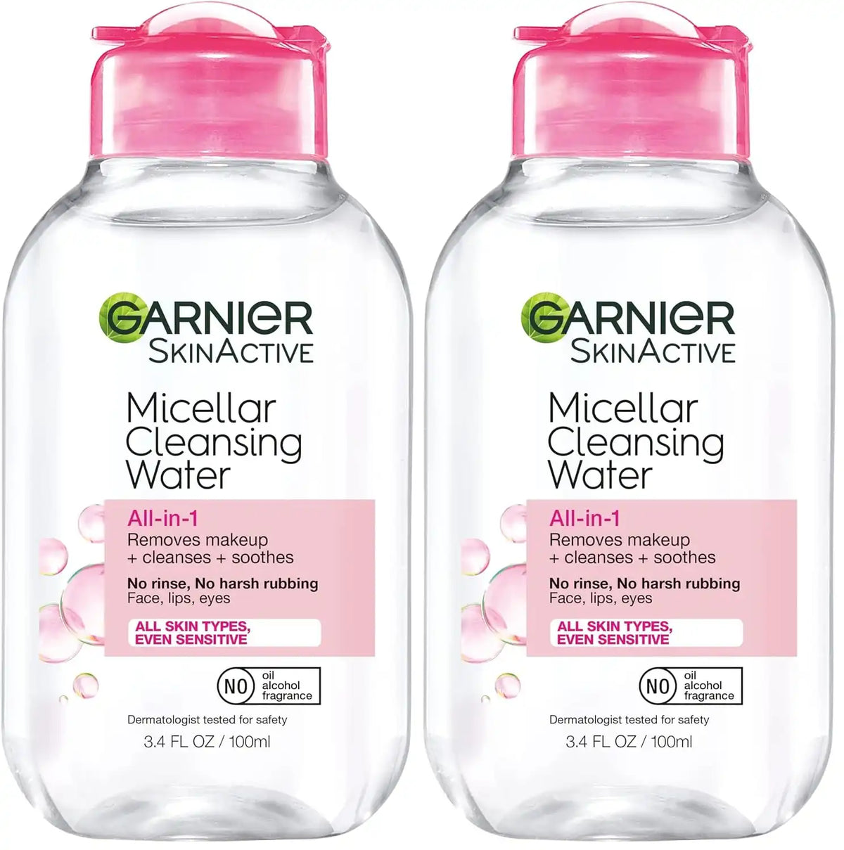 Garnier Micellar Cleansing Water, All-in-1 Makeup Remover and Facial Cleanser, For All Skin Types, 3.4 Fl Oz (100mL), 1 Count (Packaging May Vary) (Pack of 2)
