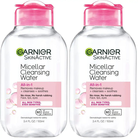 Garnier Micellar Cleansing Water, All-in-1 Makeup Remover and Facial Cleanser, For All Skin Types, 3.4 Fl Oz (100mL), 1 Count (Packaging May Vary) (Pack of 2)