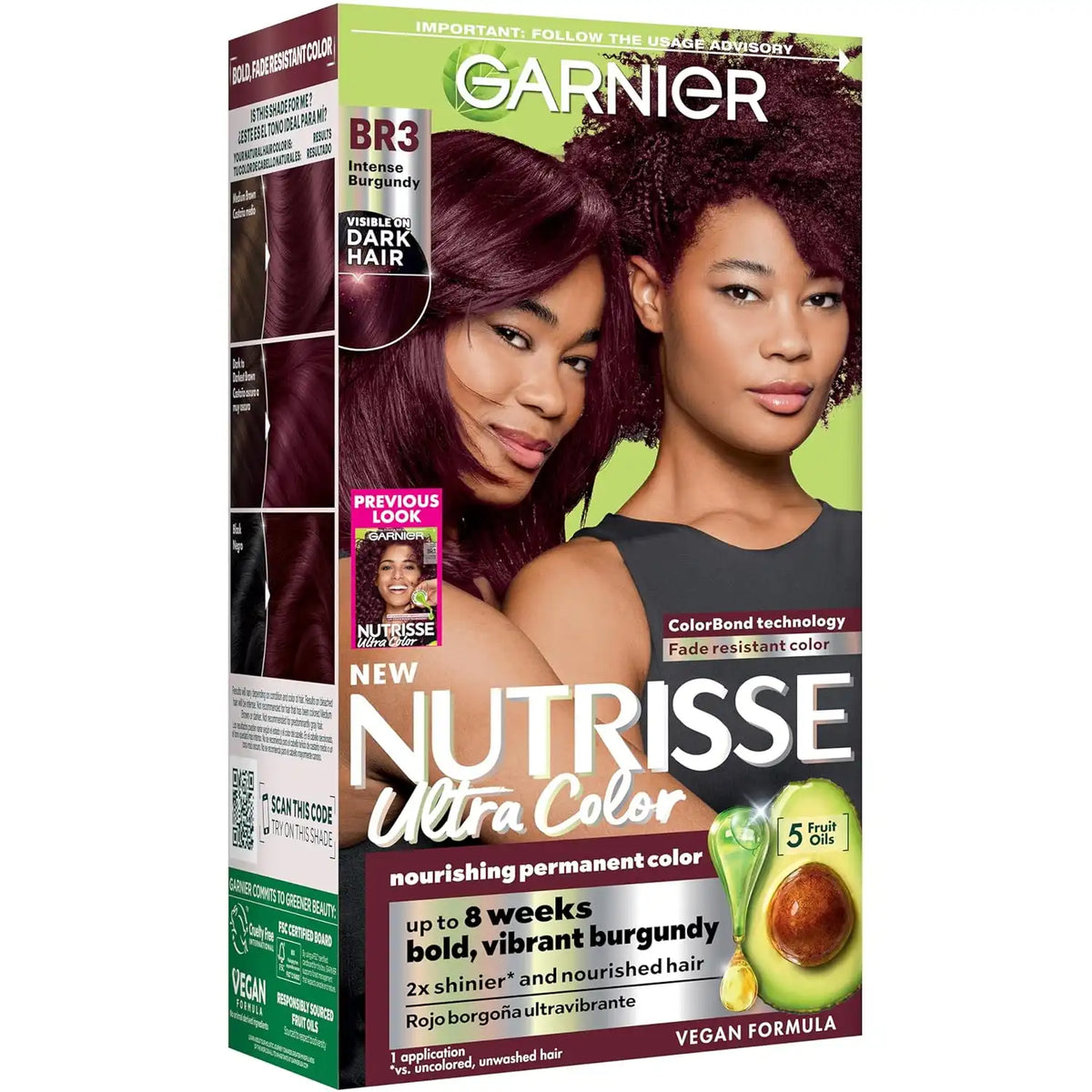 Garnier Nutrisse Ultra Color Hair Color, Permanent Hair Dye for Up to 8 Weeks of Bold, Vibrant, Fade-Resistant Results, Vegan & Cruelty-Free, BR3 Intense Burgundy (Lotus Berry), 1 Count