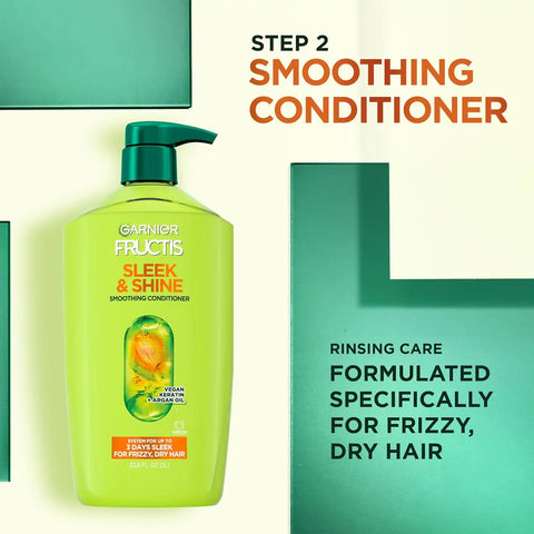 Garnier Fructis Sleek & Shine Conditioner, Smoothing Conditioner for Frizzy, Dry Hair with Argan Oil and Vegan Keratin, 33.8 Fl Oz (Packaging May Vary) (Pack of 2)