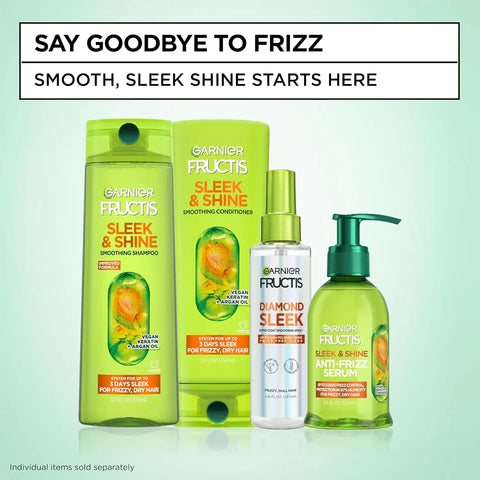 Garnier Fructis Sleek & Shine Full + Travel Size Shampoo (12.5 & 3 Fl Oz) + Conditioner (12 & 3 Fl Oz) Set for Frizzy, Dry Hair, Plant Keratin + Argan Oil (4 Items), 1 Kit (Packaging May Vary)