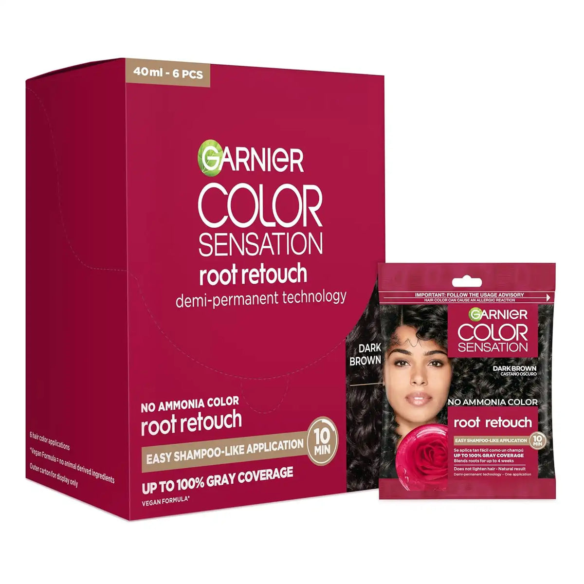 Garnier Color Sensation Root Retouch, Demi Permanent Hair Dye for Roots with 100% Gray Coverage and No Ammonia, Dark Brown Hair Dye 4.0, Pack of 6 (Packaging May Vary)