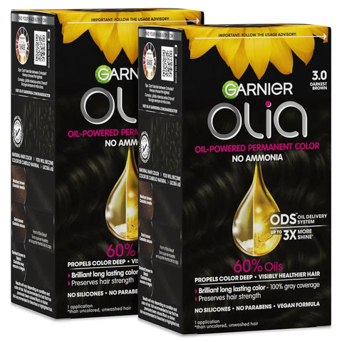 Garnier Olia Hair Color, Ammonia-Free Permanent Hair Dye, Oil-Powered Formula for 100% Gray Coverage and 3x Shinier Hair, Vegan & Cruelty Free, 3.0 Darkest Brown, 2 Count